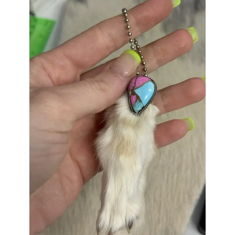 Sterling Silver Pink Blue Cotton Candy Bezel Rabbits Foot Keychain Pendant 925